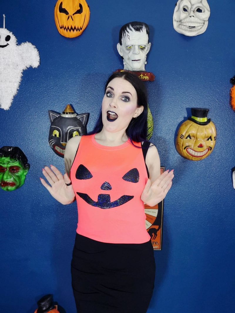 Spellbound Stitches Neon Orange Vampire Pumpkin Crop Top