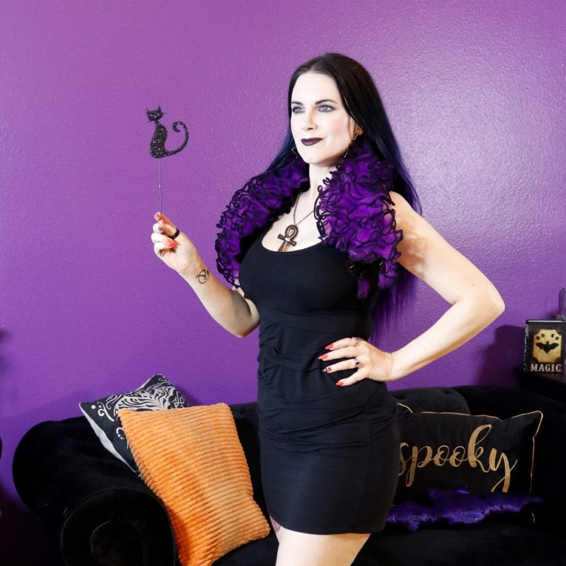 Purple Shrug paired with the perfect black dress for fall