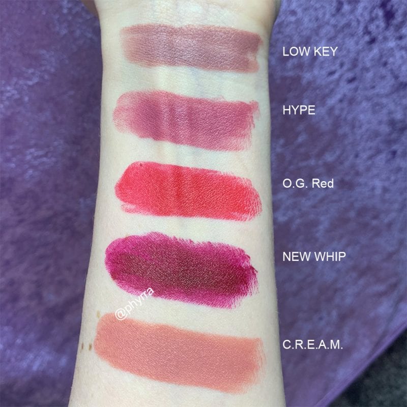 Milk Makeup Lip Color in Low Key, Hype, O.G. Red, New Whip, and CREAM swatches