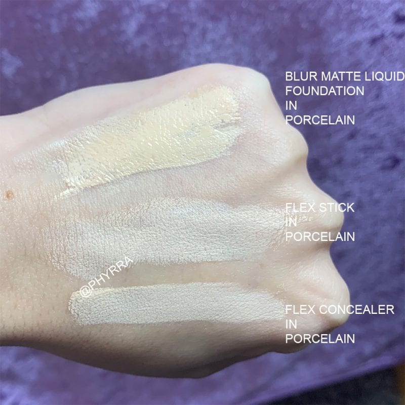 Milk Makeup Flex Foundation Stick, Flex Concealer, and Blur Matte Liquid Foundation in Porcelain swatches