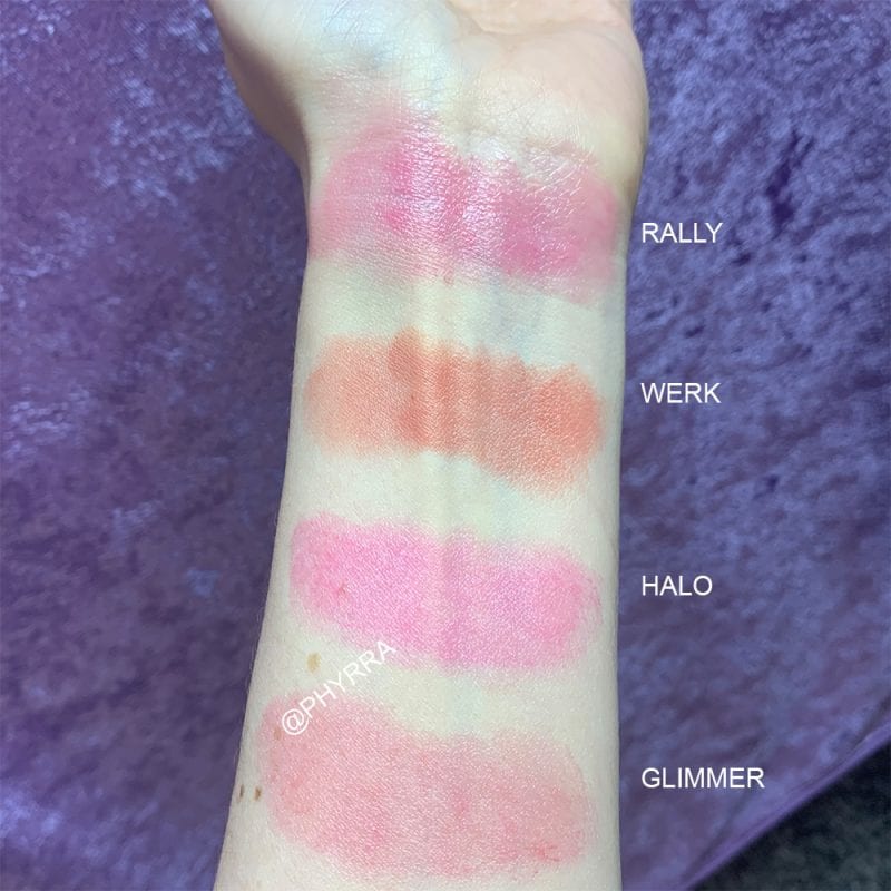 Milk Makeup Lip and Cheek Glow Oil in Rally, Werk, Halo and Glimmer swatches
