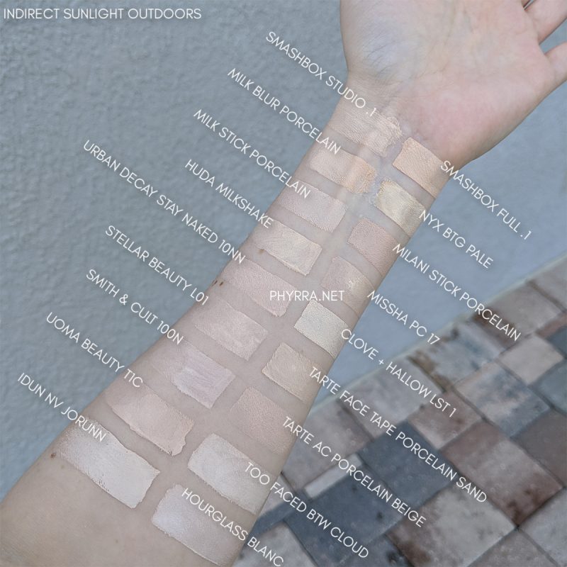 Swatches every liquid/cream foundation I own! Picture 1-11 heavy swatches  on my forearm (to determine undertone), Picture 12-17 cheek and neck  swatches in colour and greyscale of the shades I reach for