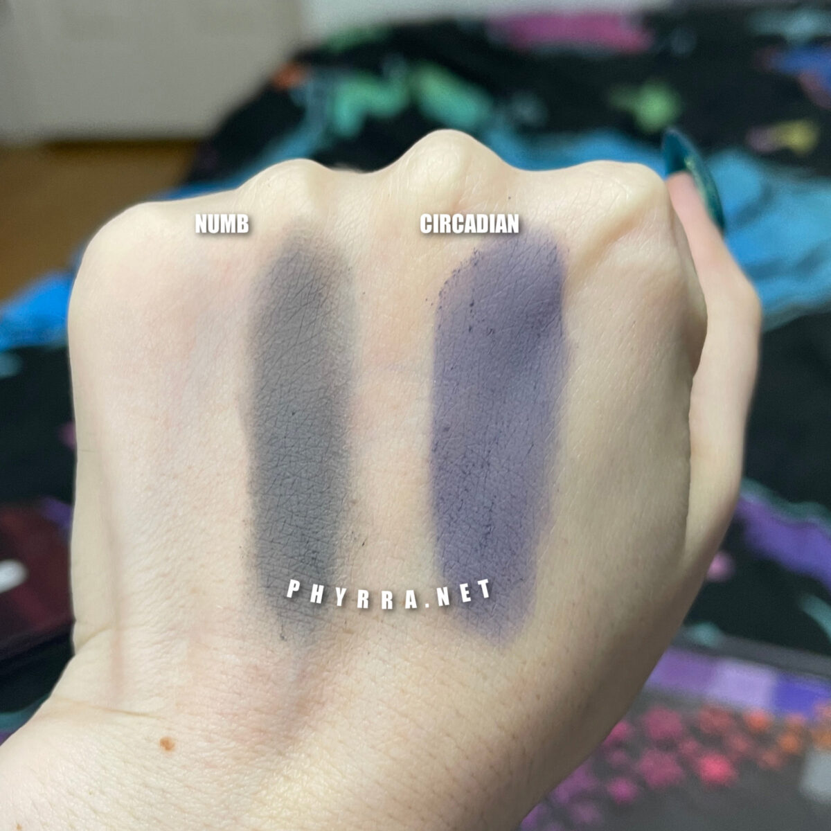 Lethal Numb vs. Circadian swatched on very fair skin