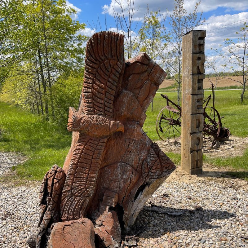 wood carving of a bald eagle