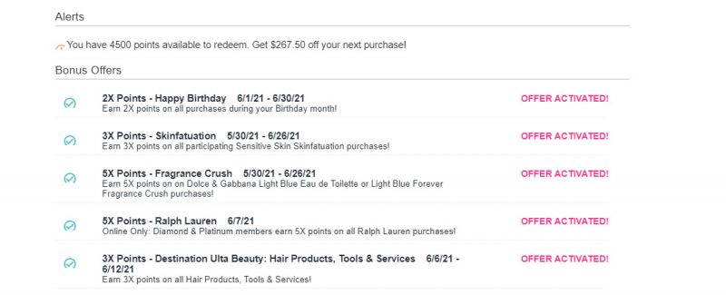 My Ulta Bonus Points Offers