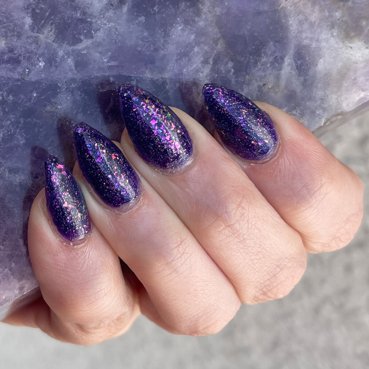 Outdoor indirect sunlight purple gel mani