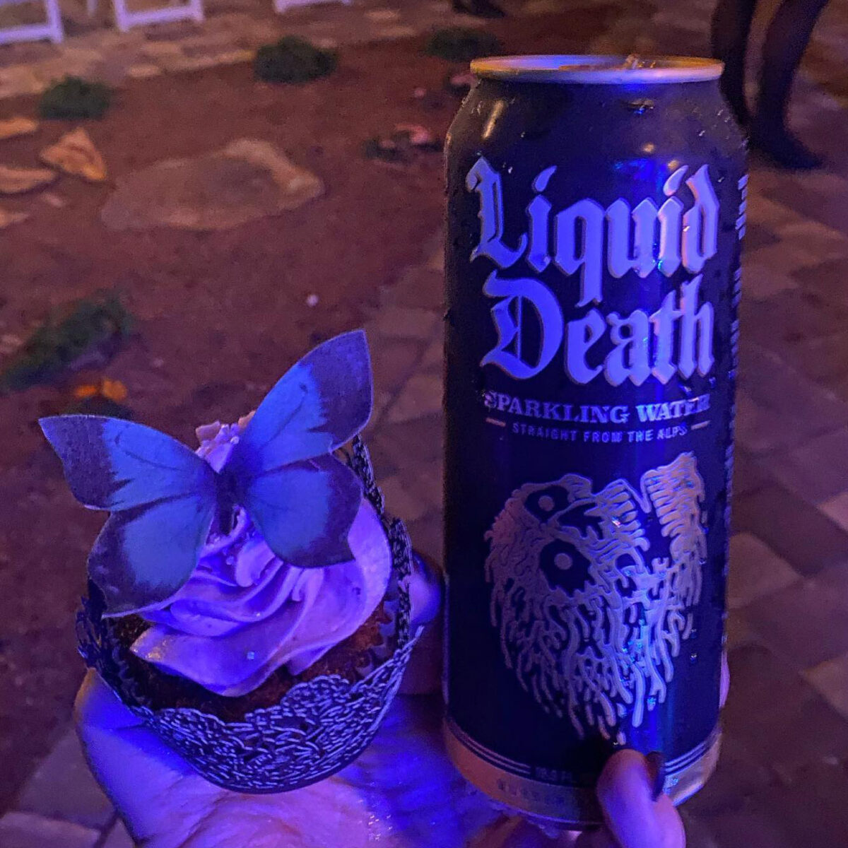 Liquid Death Sparkling Water and Cupcakes