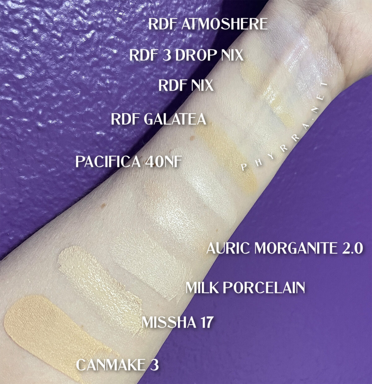 Rituel de Fille Foundation swatches in artificial light