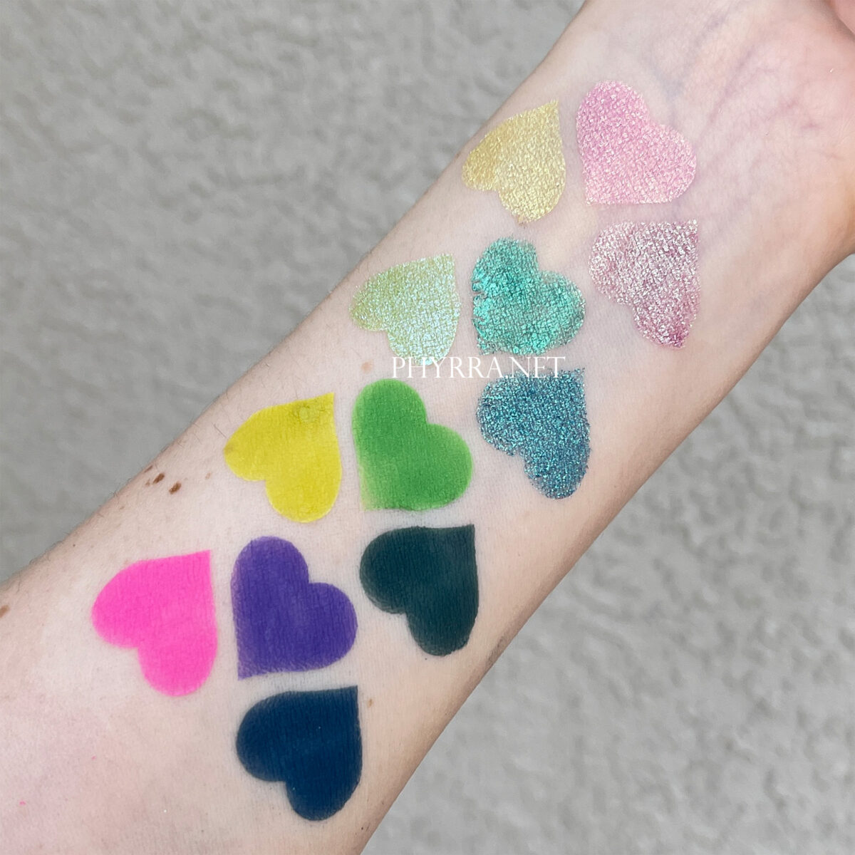 1UP vegan eyeshadow swatches on light skin