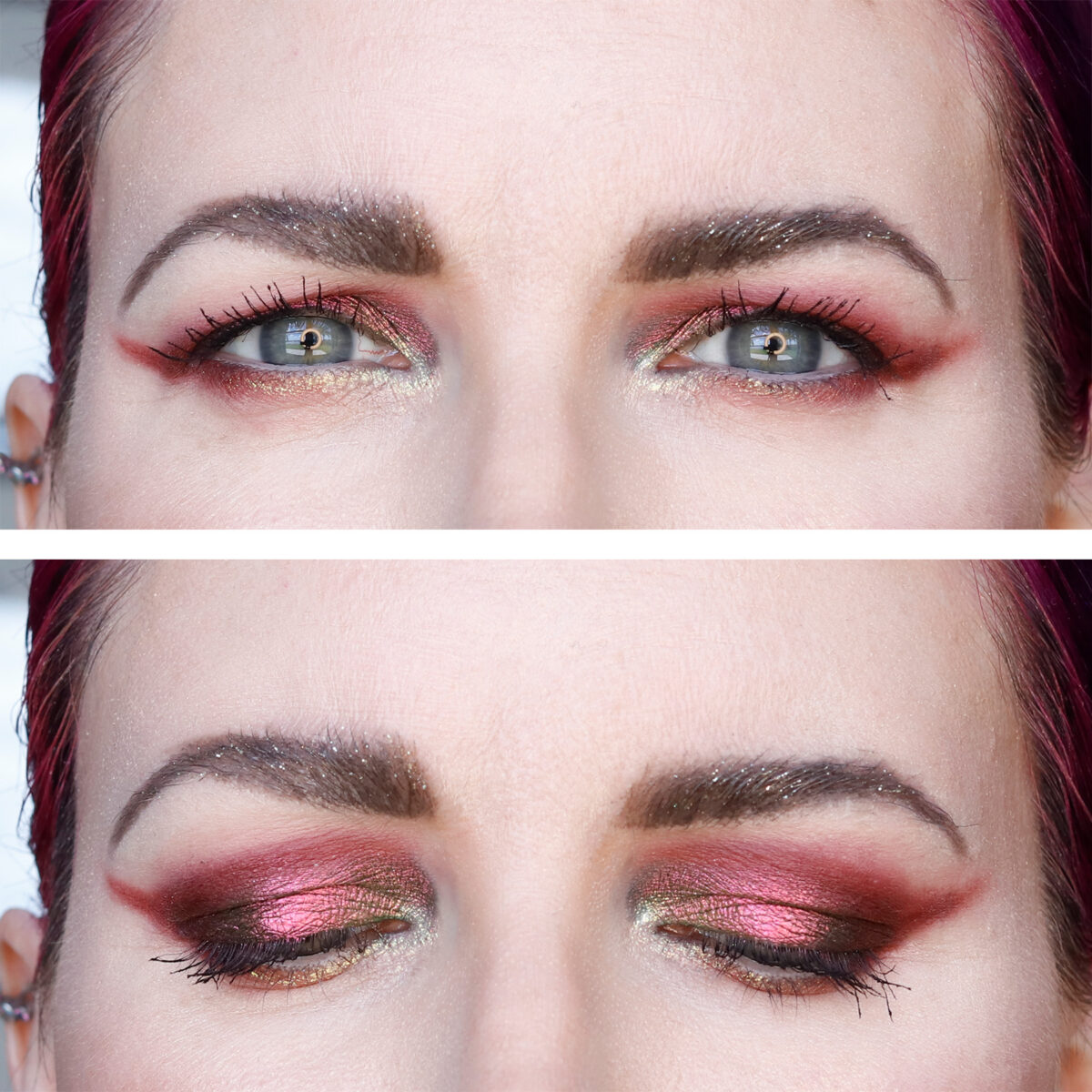 red green and black multichrome eyeshadow look on hooded eyes