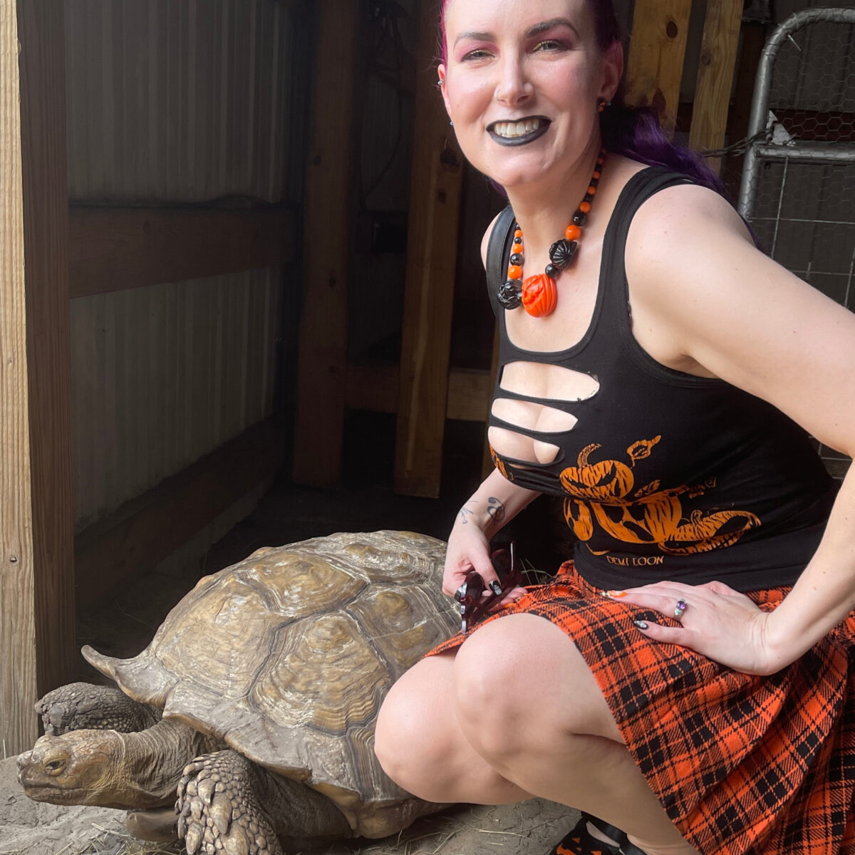 Cordelia next to a tortoise