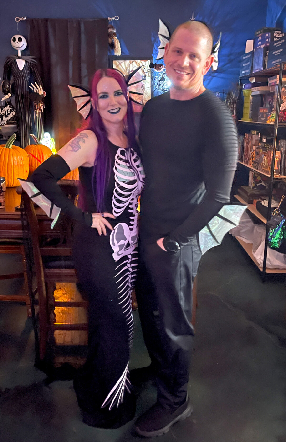 Cordelia and Dave dressed as mermaid skeletons - Halloween makeup ideas