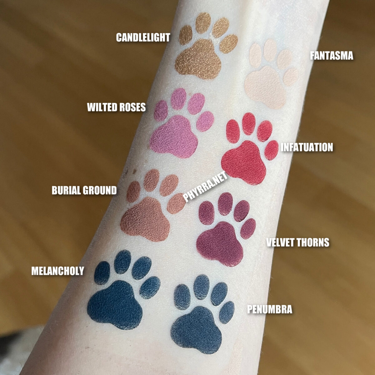 Necromancy Cosmetica A Gothic Romance Palette Swatches on Pale Skin