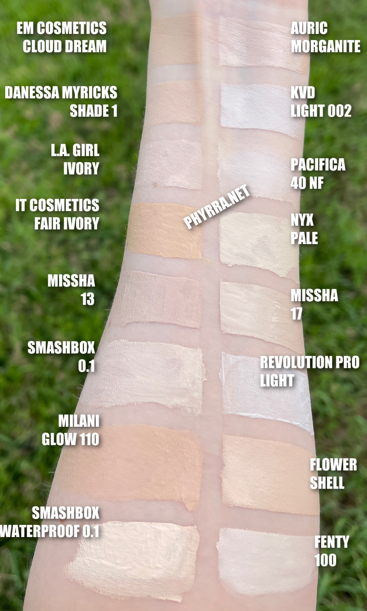 Pale foundation swatches on very fair neutral skin