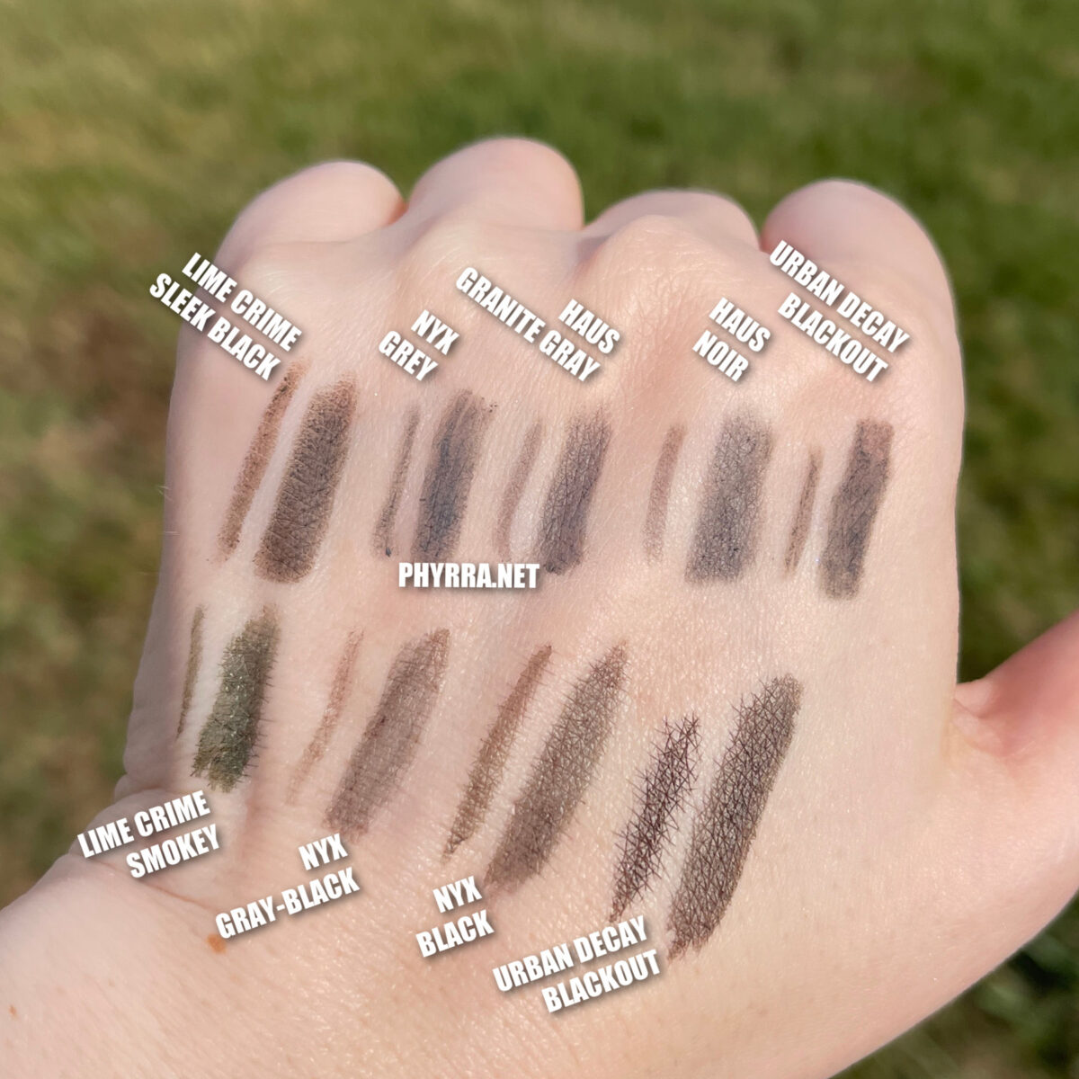 black and grey cool toned brow products swatched outdoors in direct sunlight