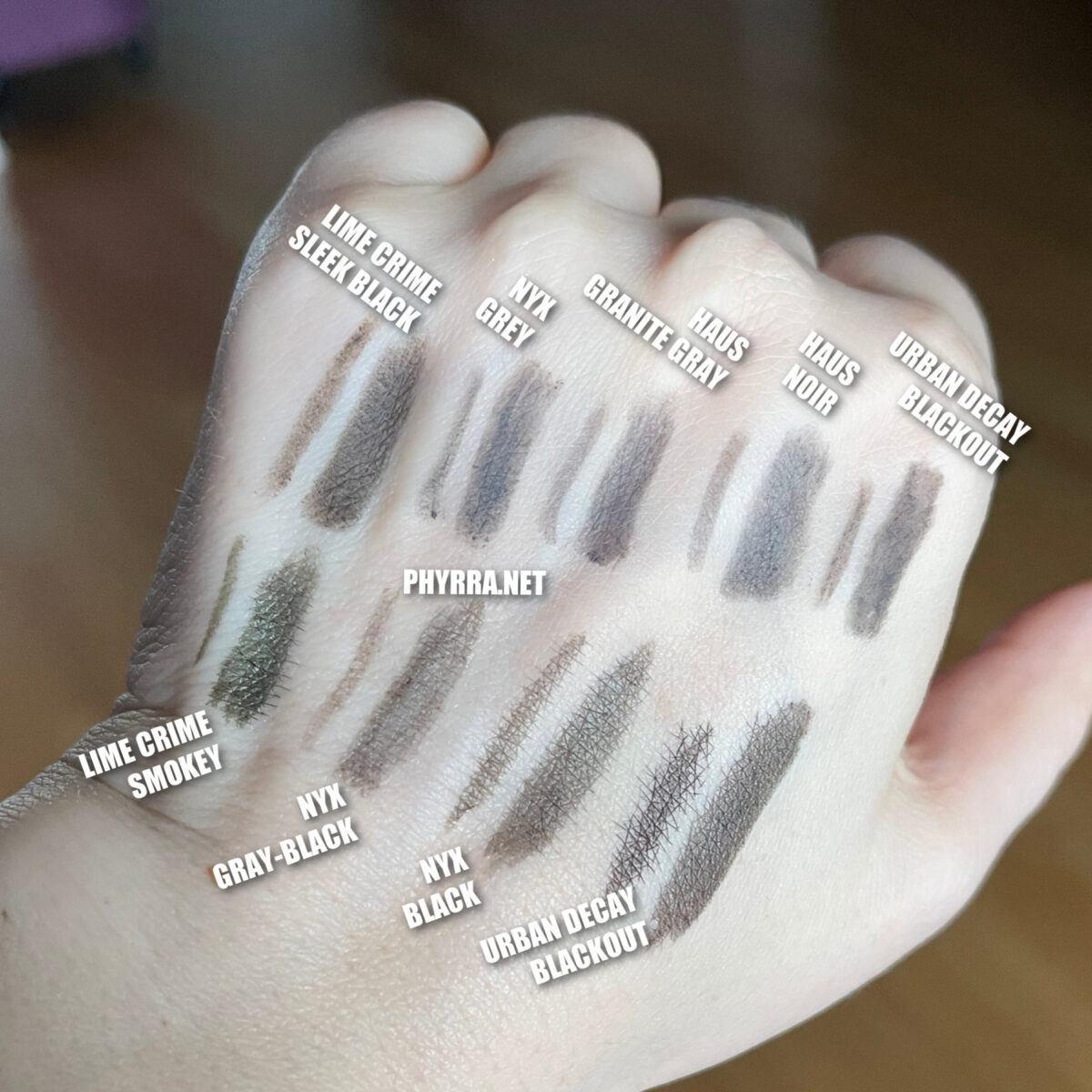 cool toned eyebrow products swatched on very fair neutral to cool yellow skin tone