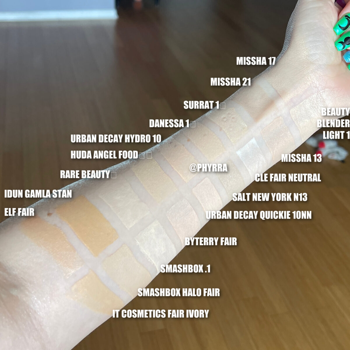 Pale foundation swatches on pale skin
