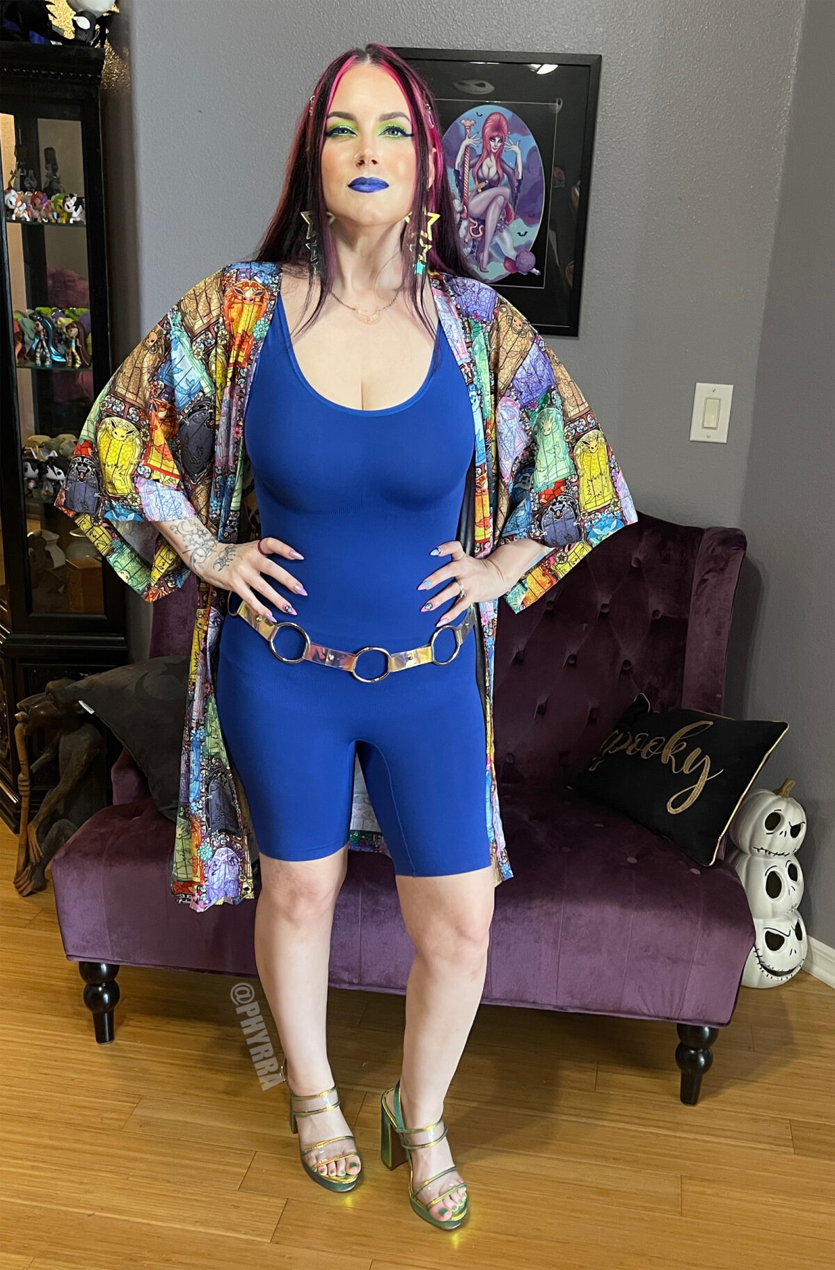 BlackMilk Stained Glass Eevee Robe paired with Shapellx Royal Blue Tank Bodysuit