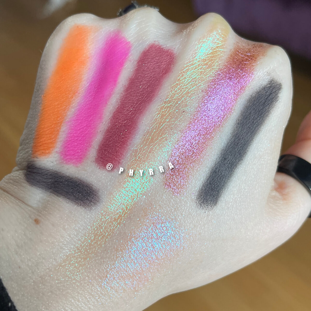 Devinah Fairy Fire, Starfire, Patrina, Karma swatches, Lethal Monarch, Thorn, Cascade swatches, Karla Moody Cow swatches on pale skin