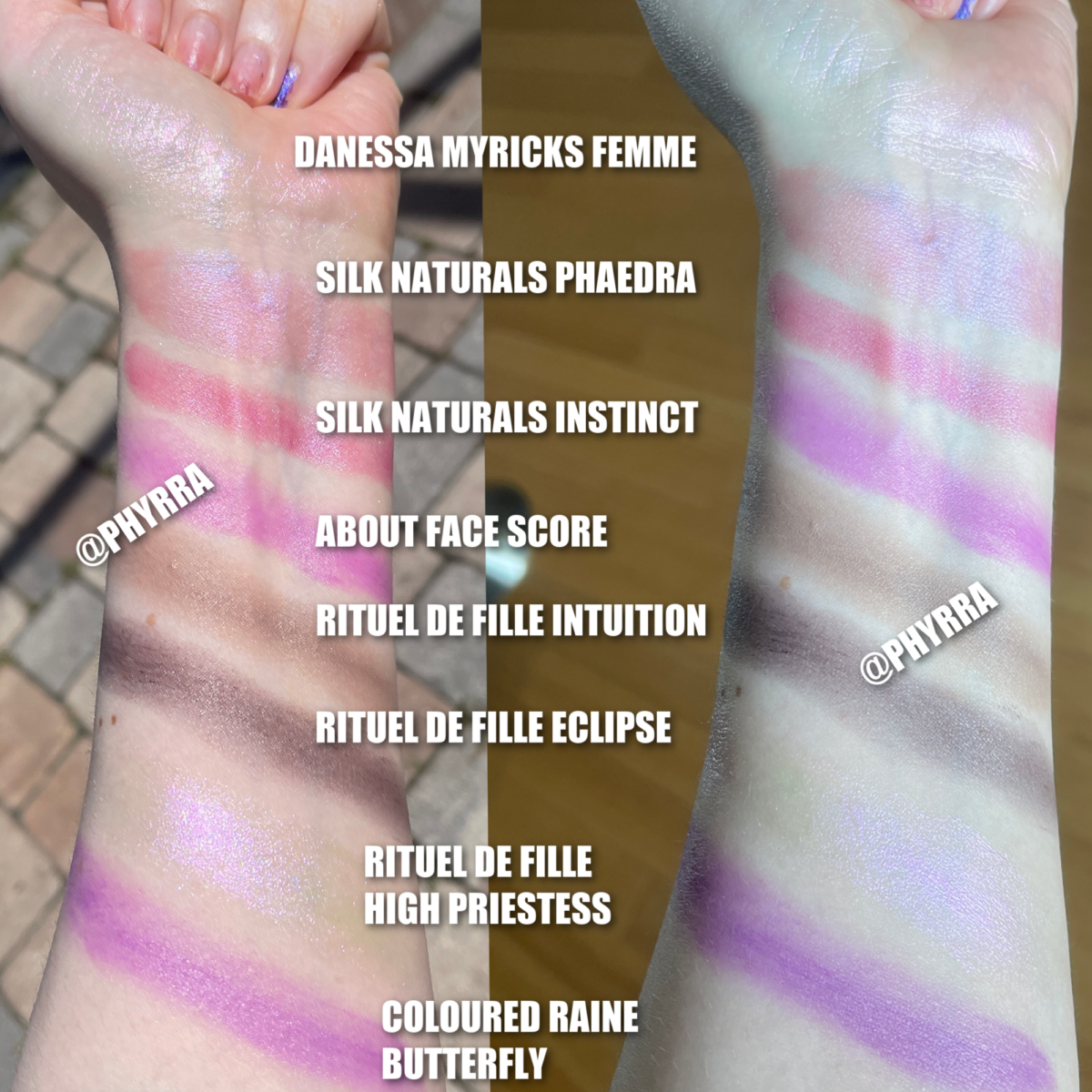 Purple cheek swatches on very fair neutral cool muted yellow olive skin 