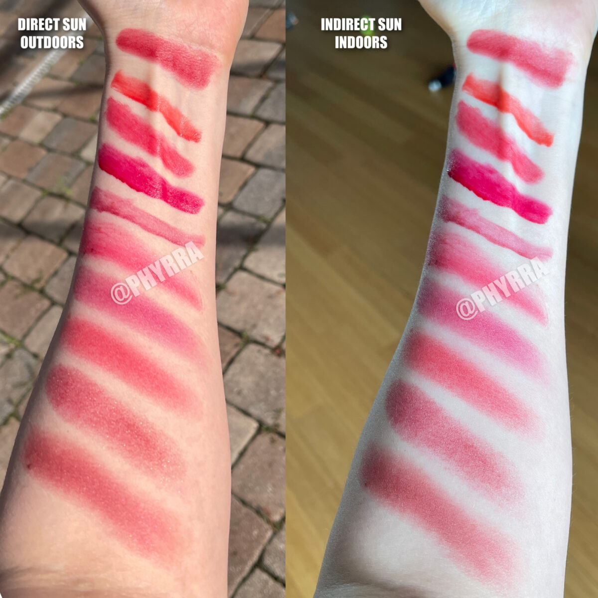 Red Cheek Product Swatches on Fair Skin for red goth makeup ideas