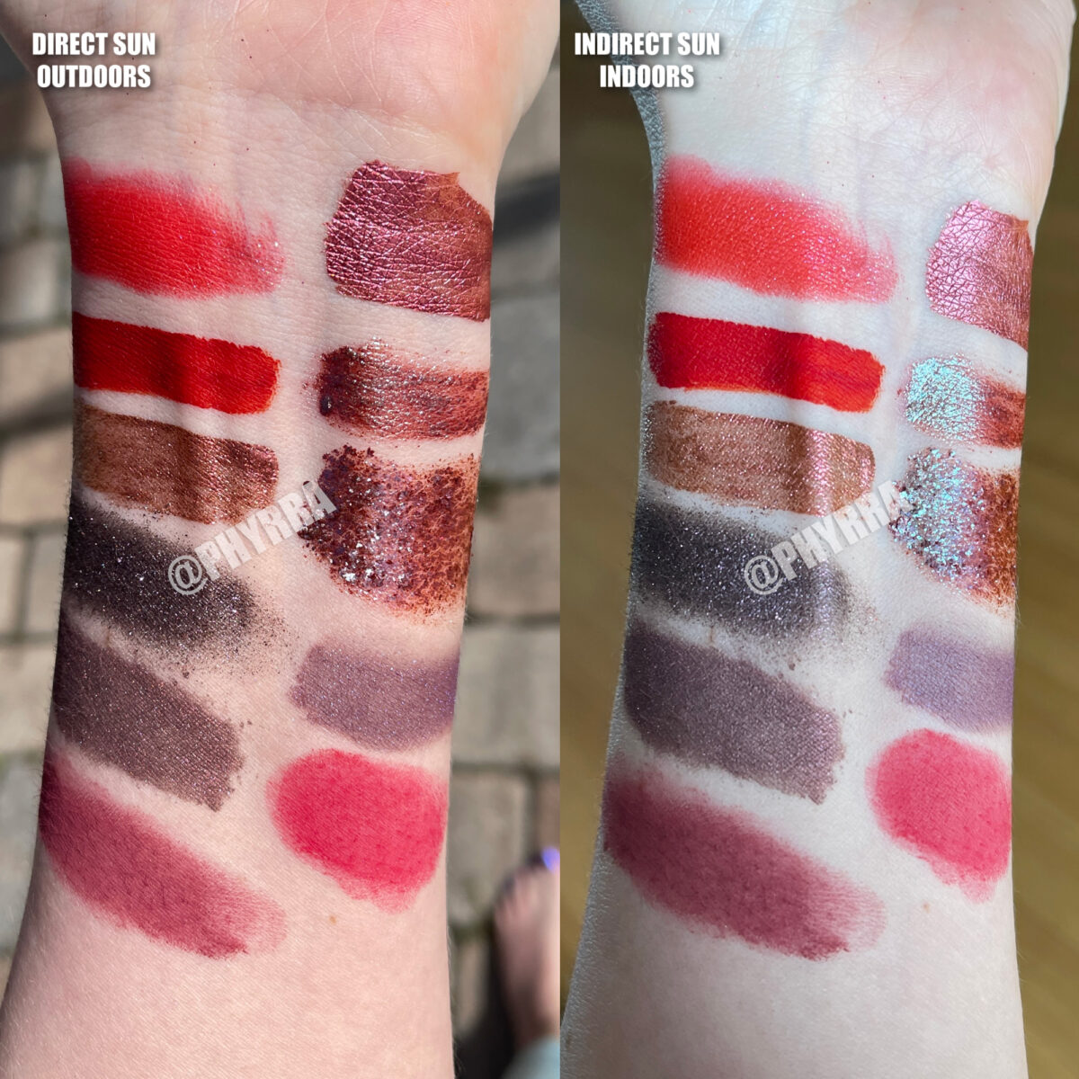 Red eyeshadow swatches on light skin for red goth makeup ideas