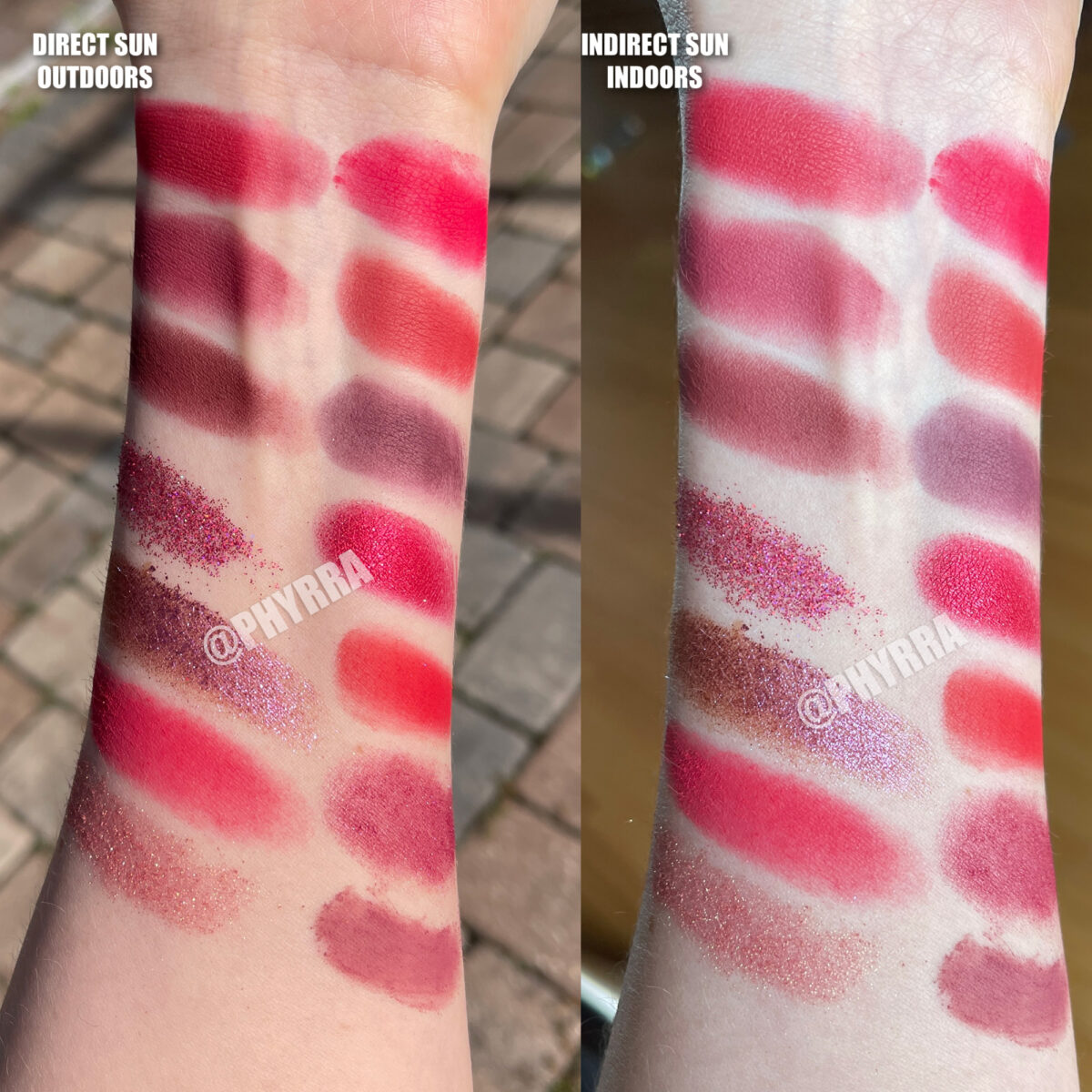 Red goth makeup ideas - red eyeshadows swatched on pale skin