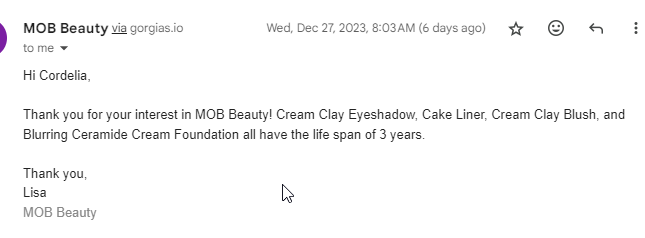 MOB Beauty Product Shelf Life of three years