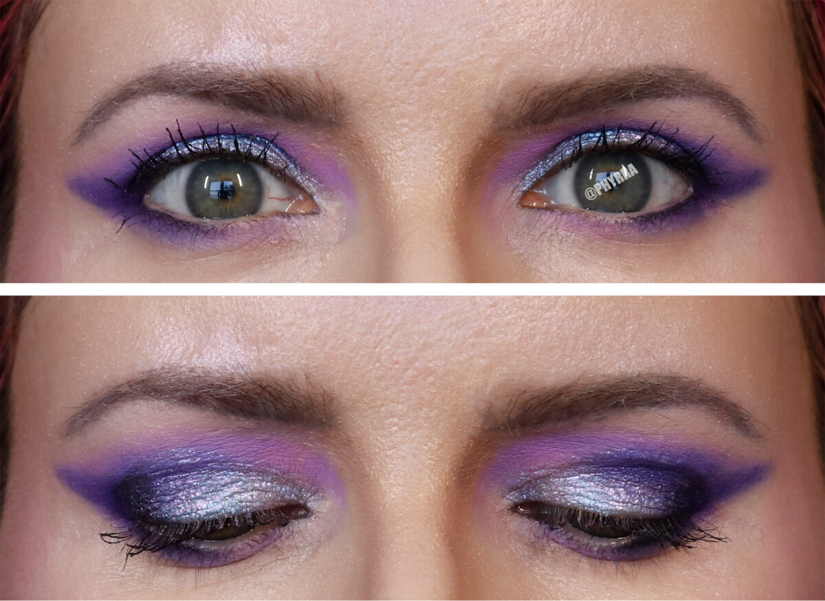 Cordelia is wearing purple makeup on her deepset eyes