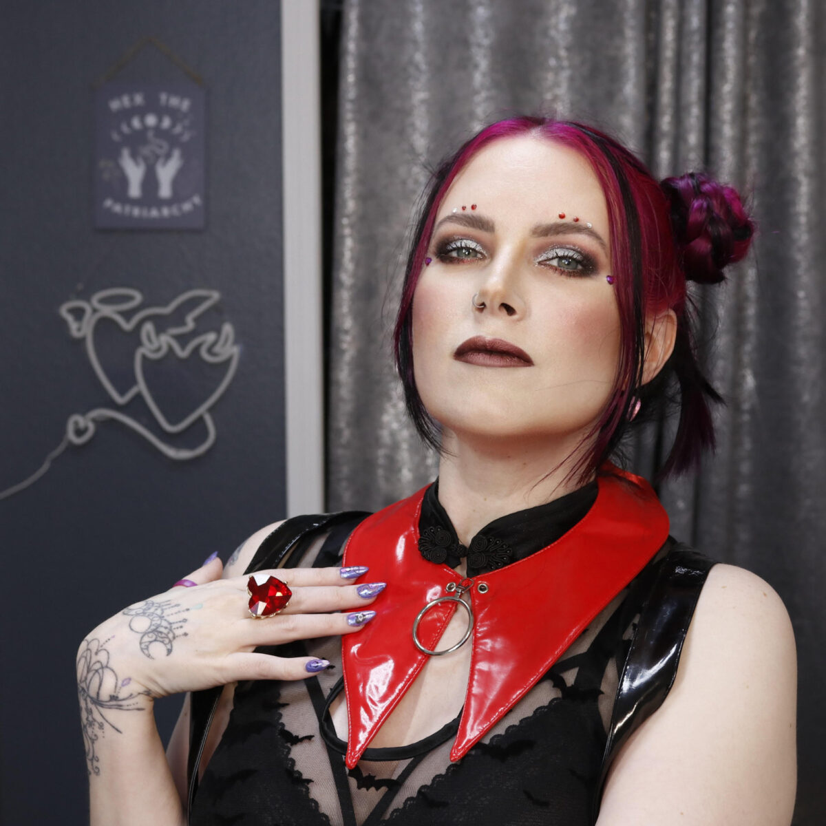 Red and Black gothic makeup and outfit
