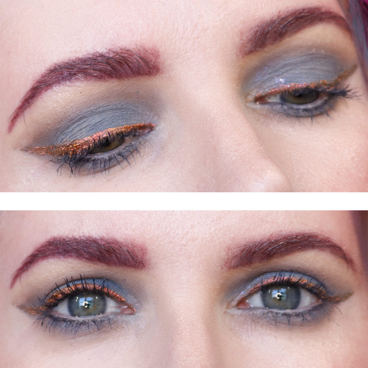 About Face Grey and Orange Makeup Inspiration with Holographic Eye Paint