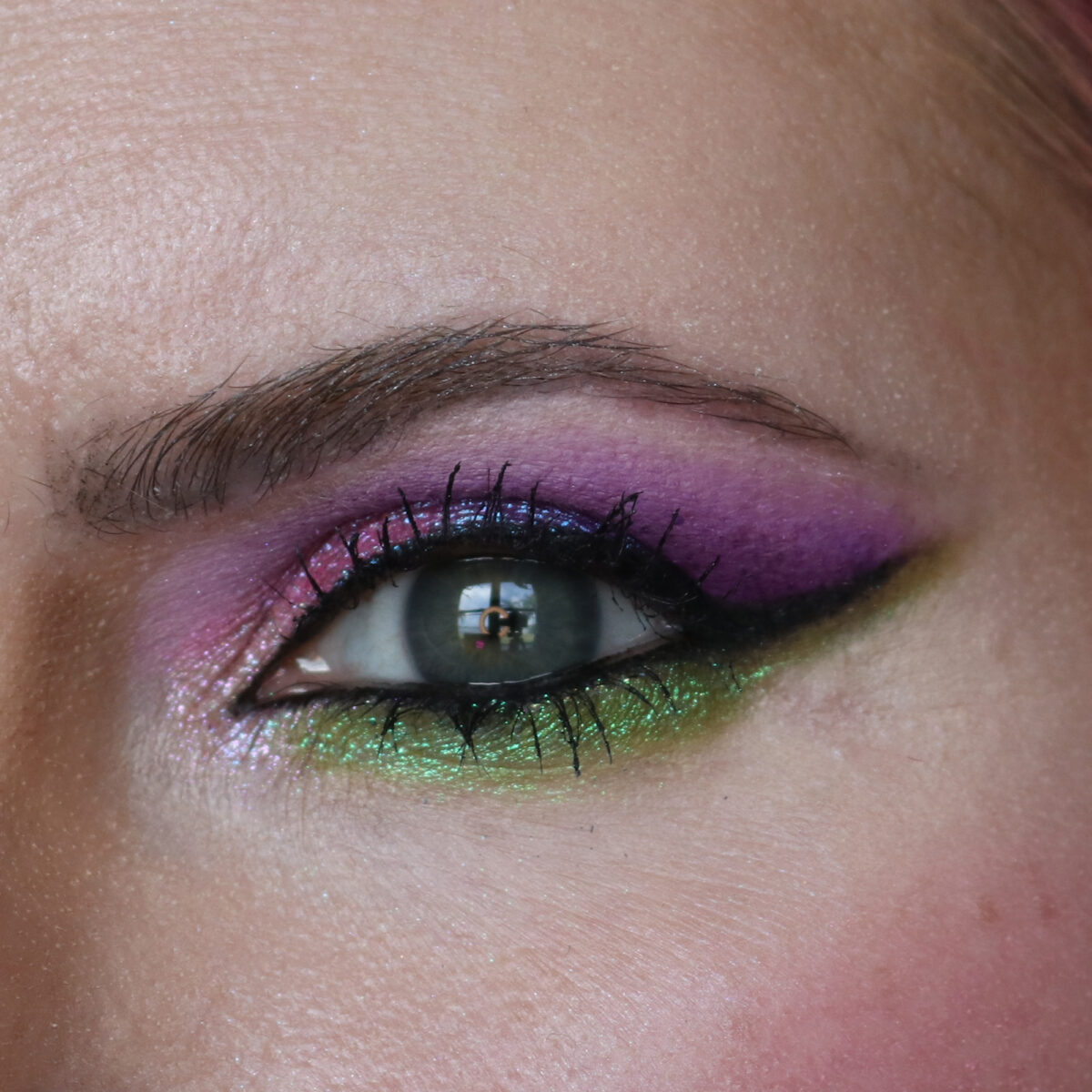 pink purple green makeup look