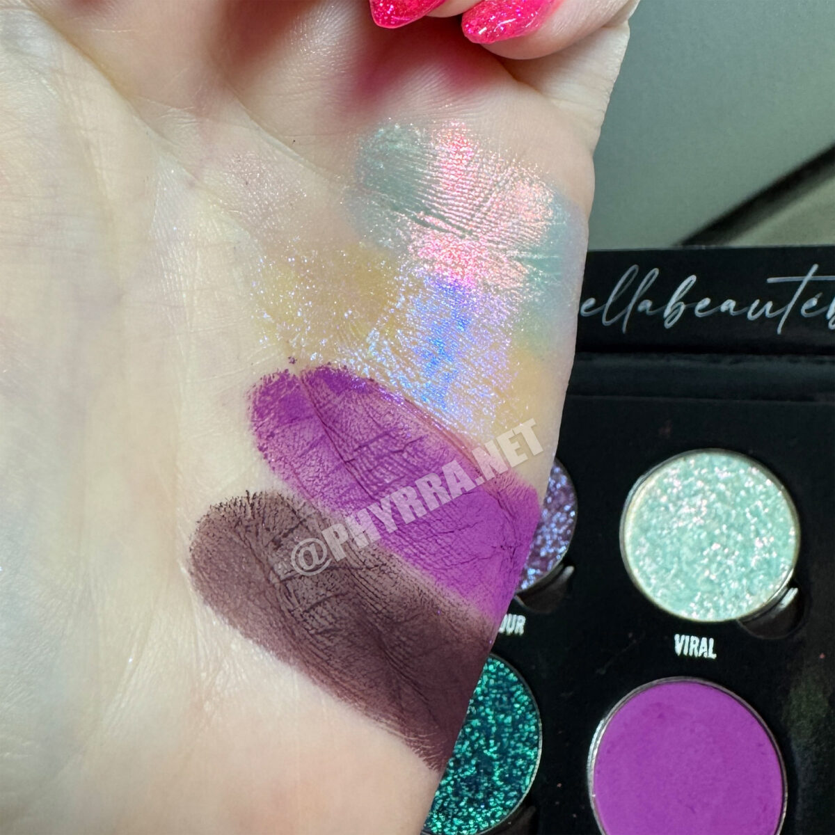 Bellabeautebar Orchid, Plum Brown, Iridescent Blue Violet, and Iridescent Mint eyeshadow swatches