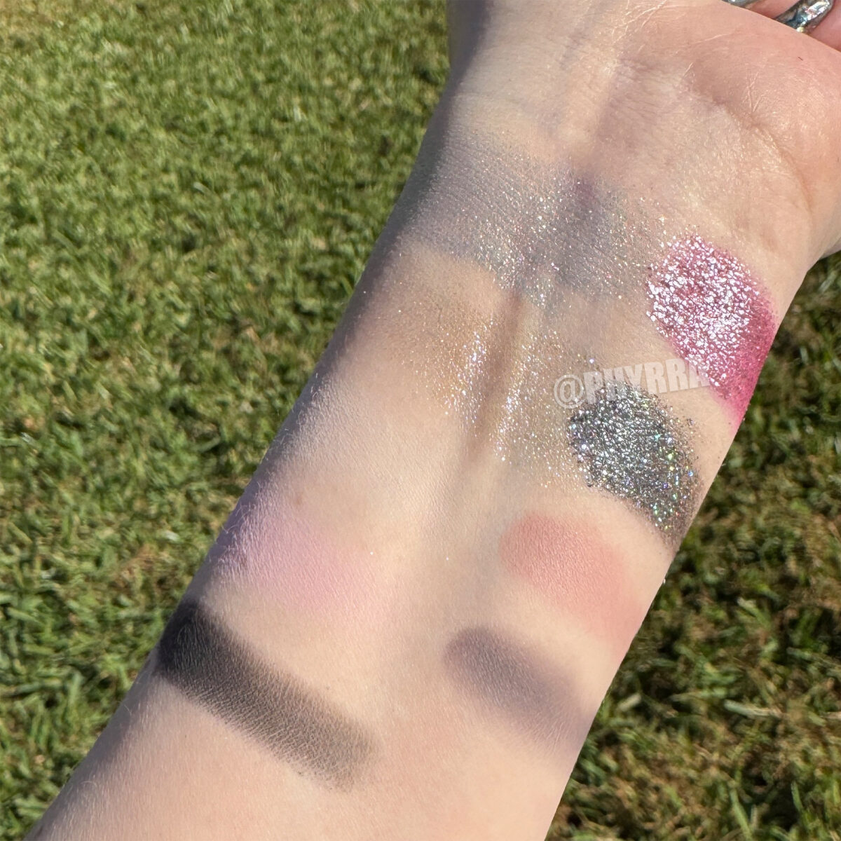 Morally Grey Palette swatches on light skin outdoors in direct sunlight