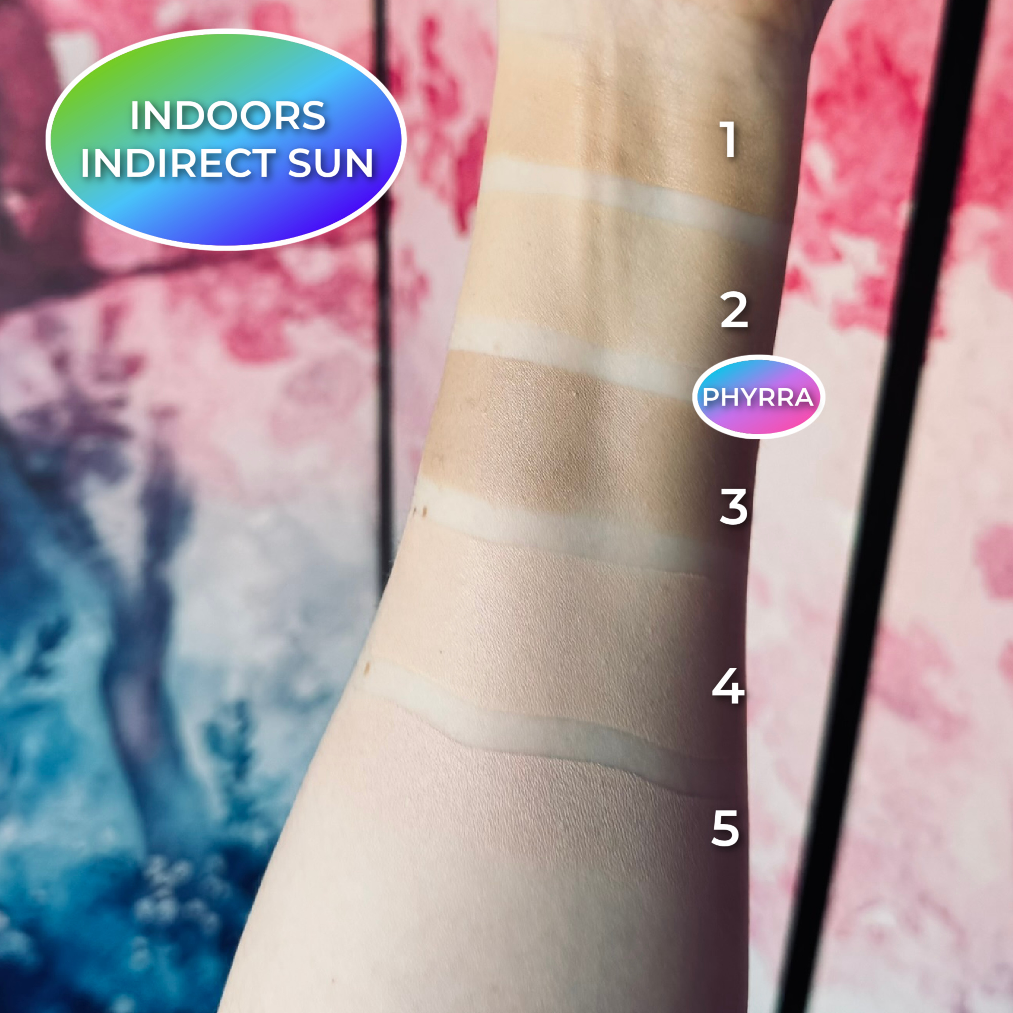 Lisa Eldridge Seamless Skin Foundation Shade 2.5 Olive swatched on porcelain olive skin compared to About Face the Performer Foundation F2 Olive