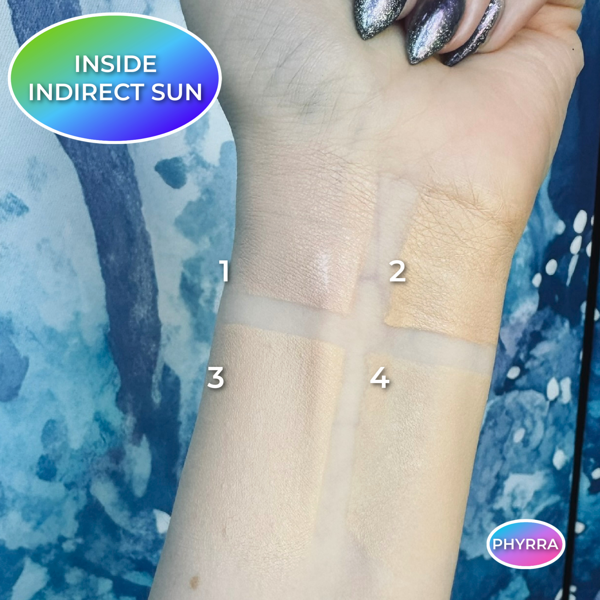 Fair foundation swatches on pale olive skin by Cordelia Frost