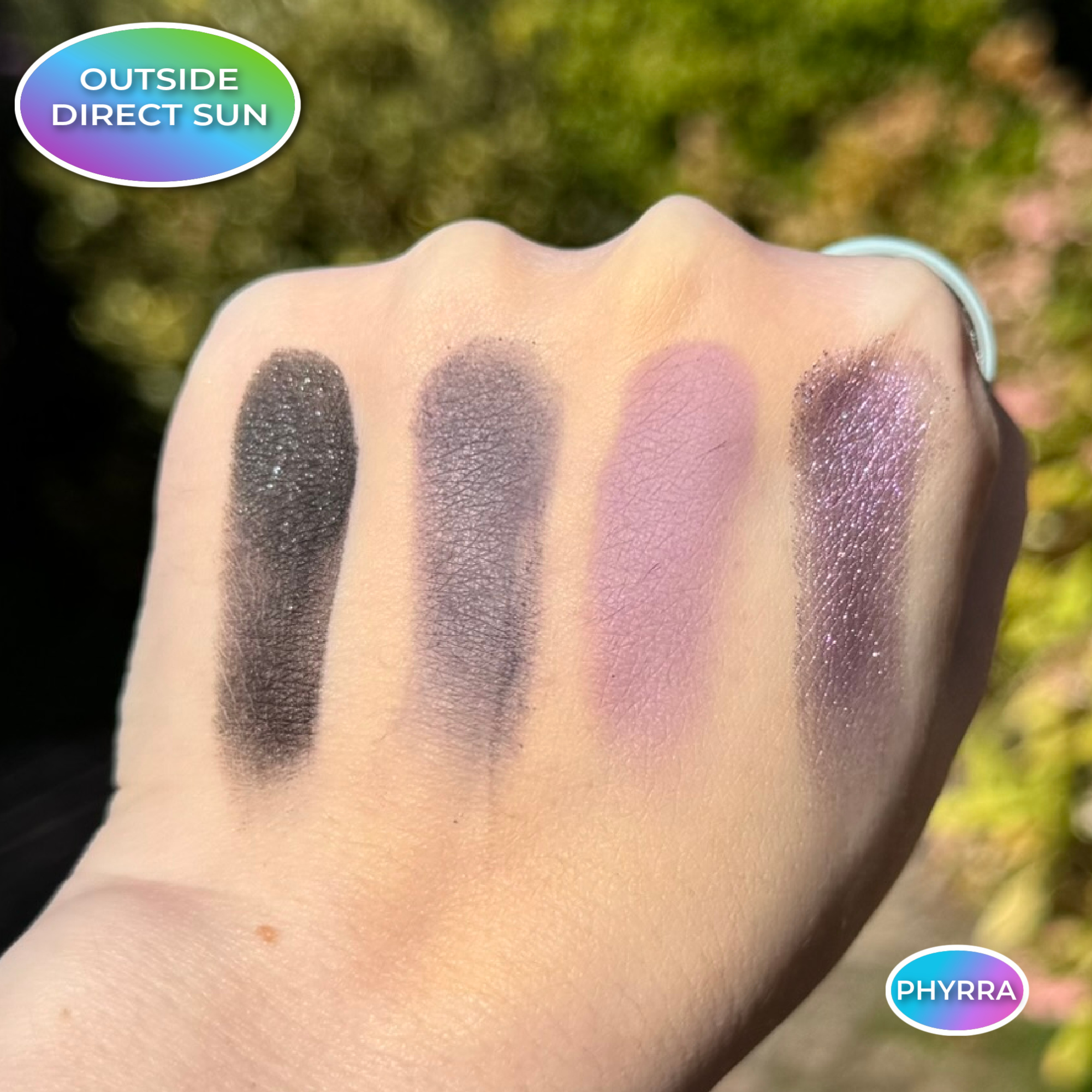 Outdoors in direct sunlight, Kaleidos Twilight Rush Swatches on Fair Olive Skin