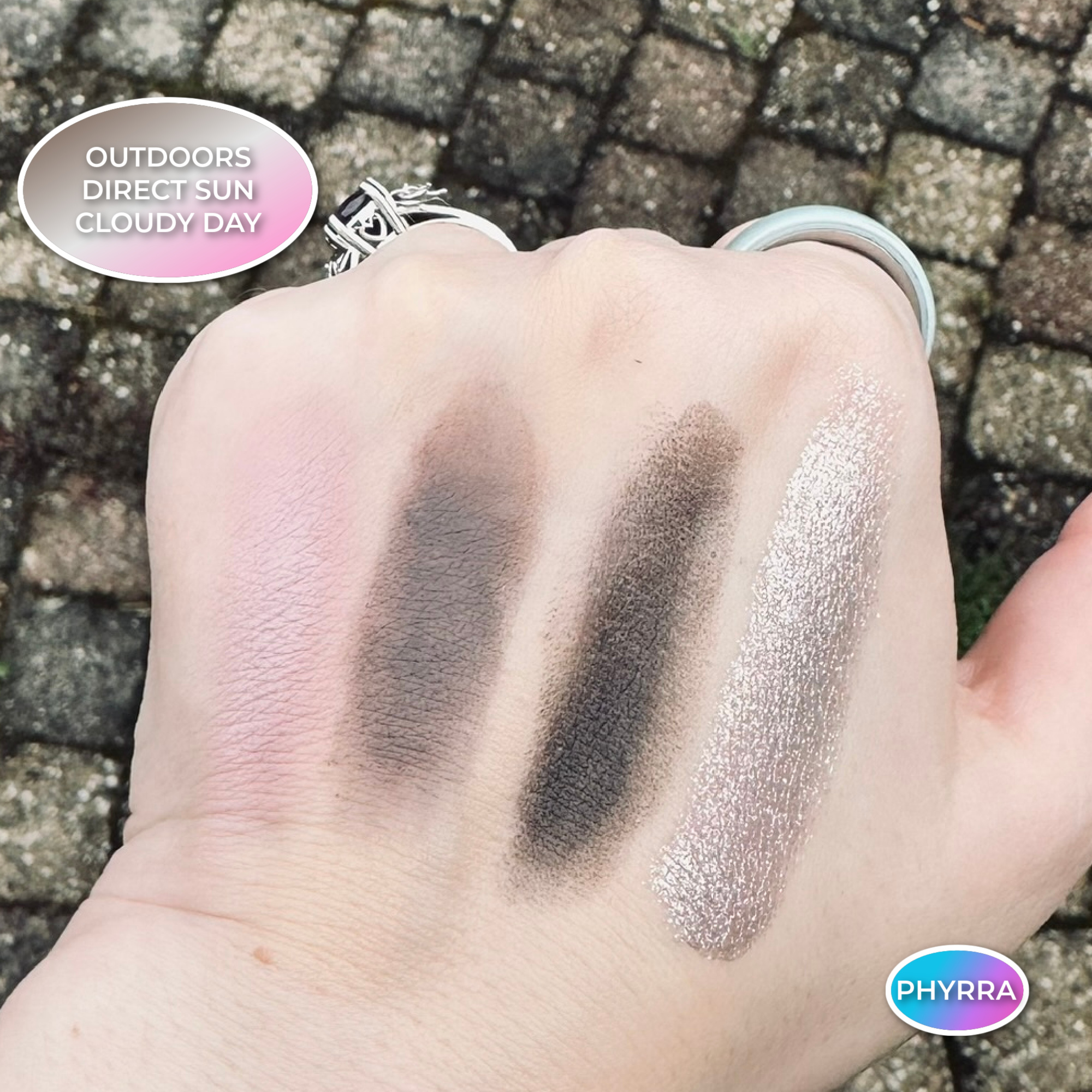 Kaleidos Venus Trap Quad Swatches on Fair Olive Skin outdoors in direct sunlight on a cloudy day
